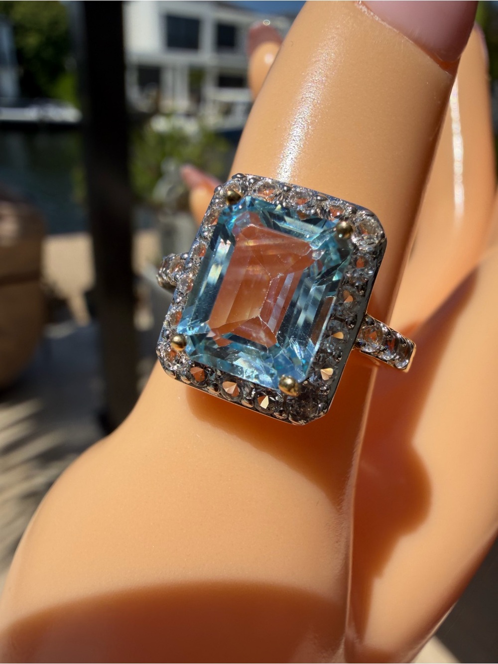 Sterling Silver Blue Topaz Halo Ring - with Diamonds